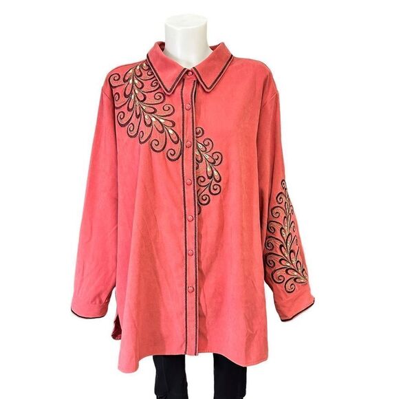 BOB MACKIE Wearable Art Embroidered Beaded Button Down Tunic Shirt sz 3XL orange - Picture 1 of 9